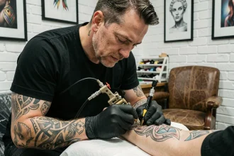 Tatoueur professionnel appliquant un motif tribal polynésien sur le bras d'un client dans un studio de tatouage