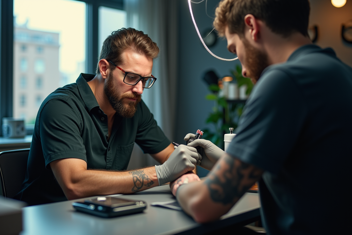 Tatoueur travaillant sur un avant-bras dans un studio lumineux