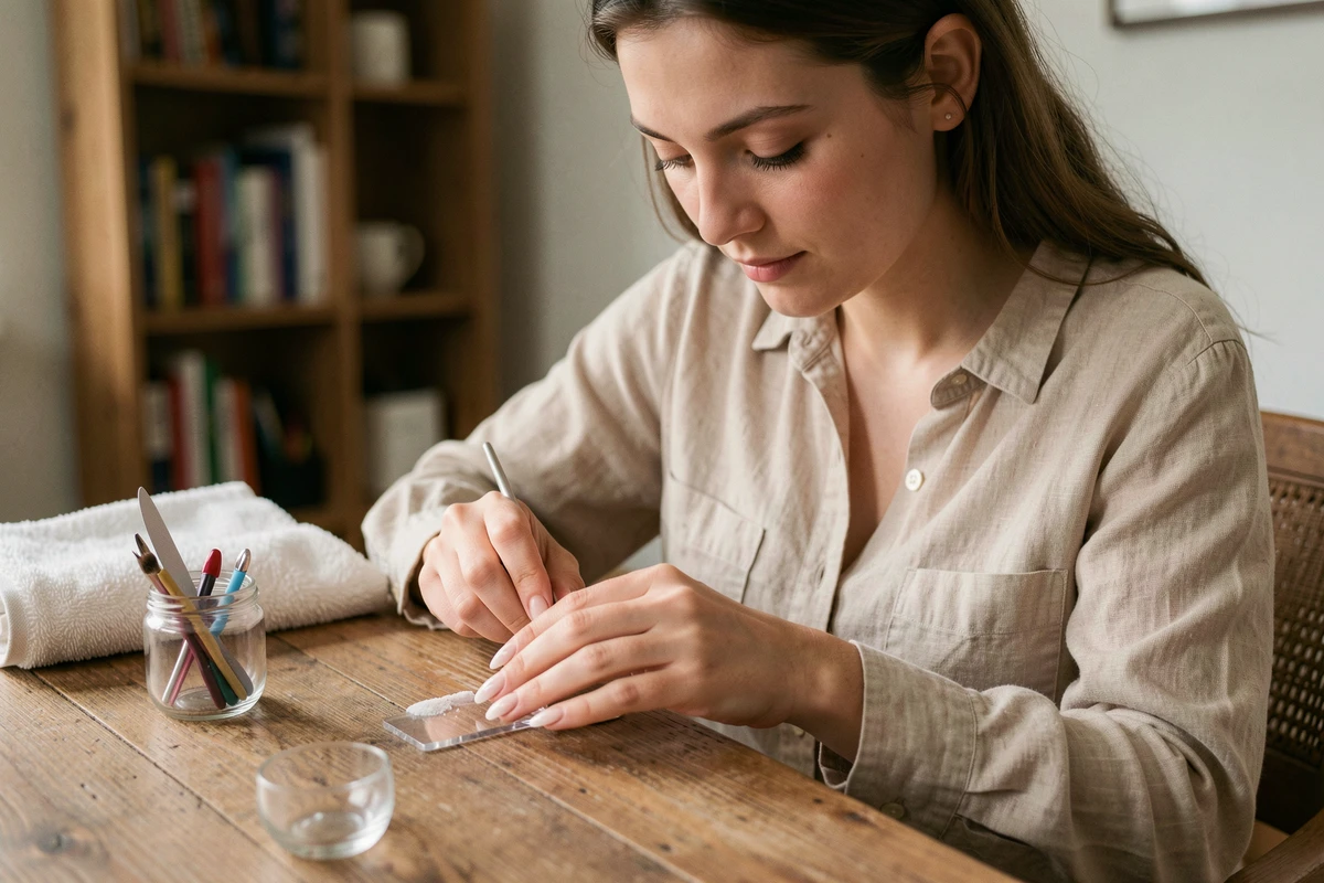 Jeune femme réalisant elle-même la forme amande de ses ongles avec une lime en verre à son bureau de soins à domicile