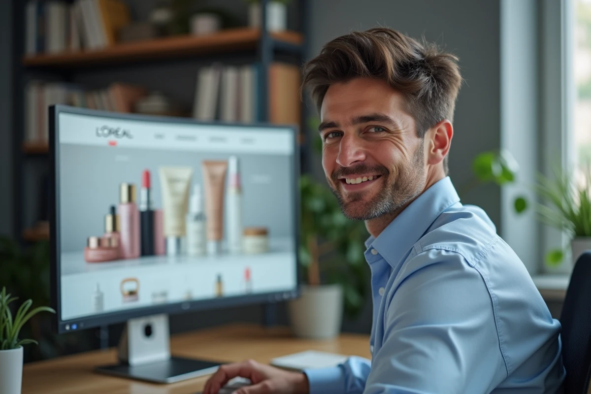 Homme en télétravail accédant à la plateforme de vente au personnel L'Oréal depuis son bureau à domicile