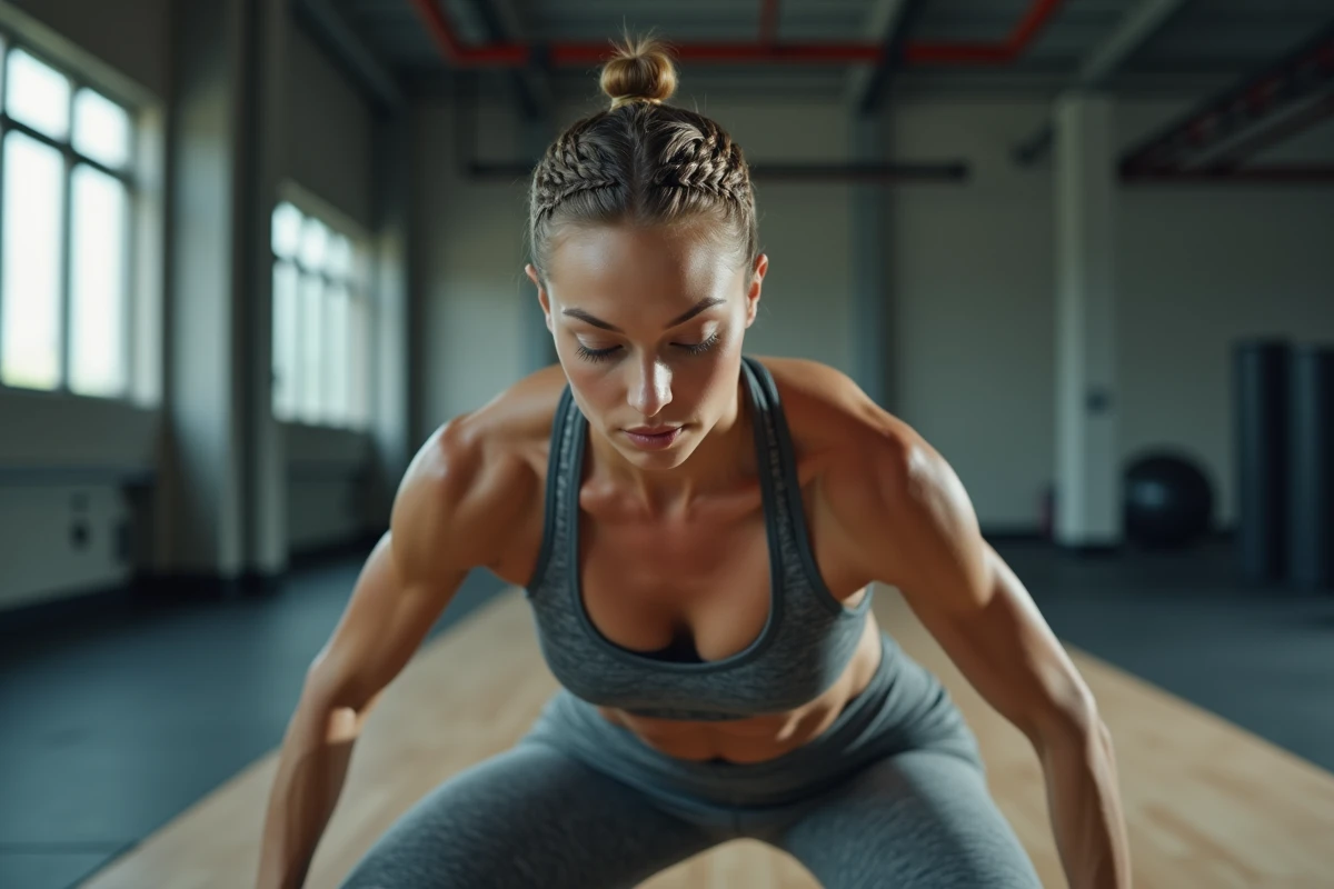 Tresse hollandaise sur cheveux courts pour femme sportive en salle de sport, coiffure anti-frisottis lors d'un entraînement intensif