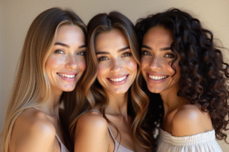 Trois femmes avec cheveux lisses, ondulés et bouclés posant ensemble en lumière naturelle