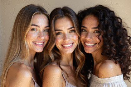Trois femmes avec cheveux lisses, ondulés et bouclés posant ensemble en lumière naturelle