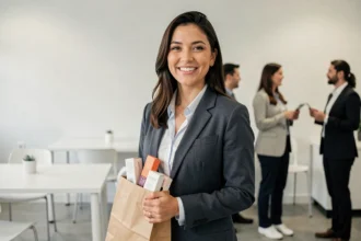 Employée L'Oréal souriante tenant un sac d'achats de produits cosmétiques lors d'une vente au personnel en entreprise
