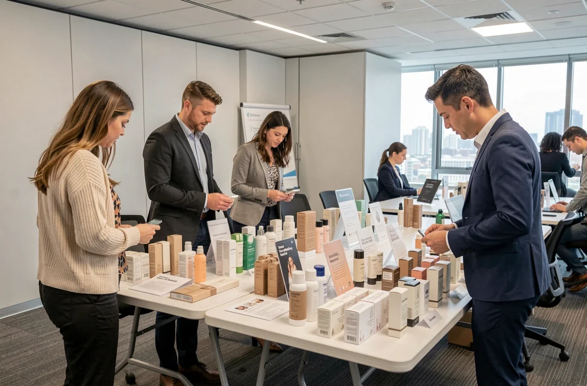 Collègues explorant des produits cosmétiques lors d'une vente au personnel organisée dans une salle de réunion d'entreprise