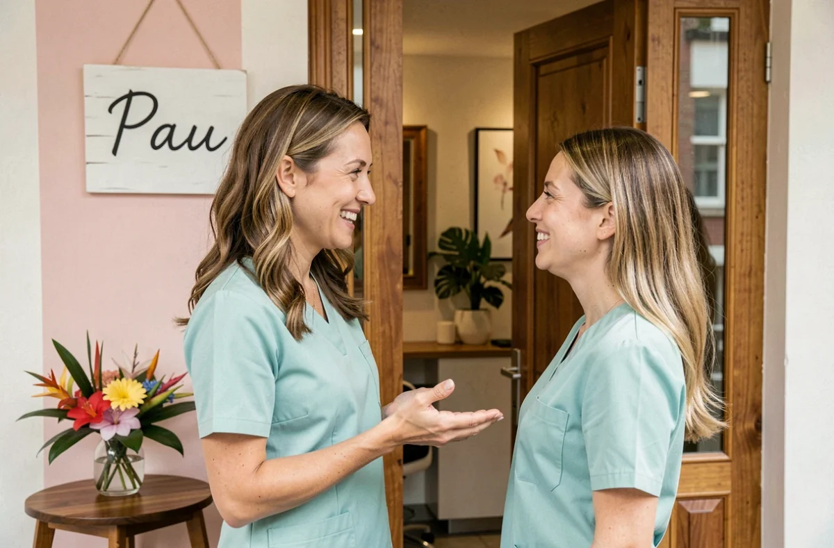 Propriétaire de l'institut Waleidys Saldivia à Pau accueillant chaleureusement une cliente à l'entrée de son institut de beauté boutique aux tons bois et rose pâle